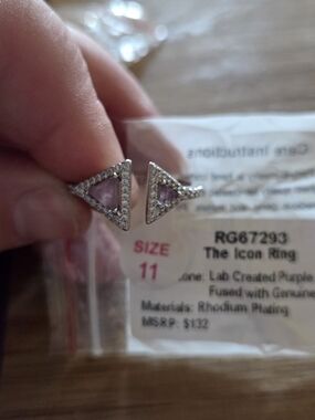 Triangle Pavé Ring with Lab-Created Purple Stone - Rhodium Plated